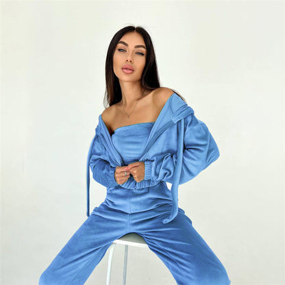 All-matching Solid Color Hooded High-waisted Trousers Suit