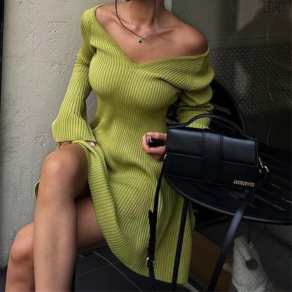 Sexy Slim V-Neck Long Sleeve Knitted Dress Fashion Tight High Elastic Ruffle A-Line Short Dresses Y2K Skirt Womens Clothing