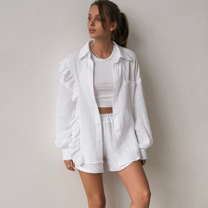 Solid Color Pure Cotton Ruffles Long Sleeve Shorts Suit