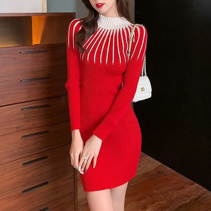 Black And White Contrast Color Knitted Dress Half Turtleneck Mid-length Sweater Hip Skirt