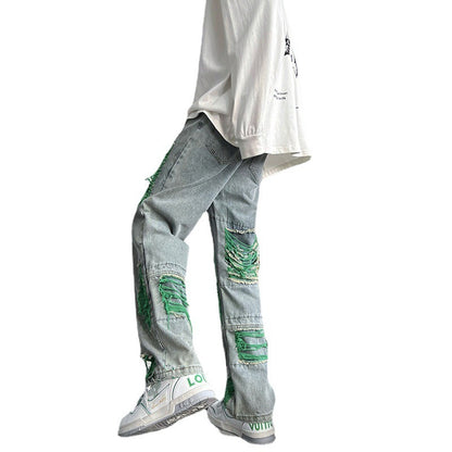 Green Ripped Jeans For Men Raw Embroidery