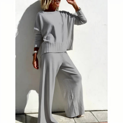 Knitted Wide-leg Pants Suit Sweater Pullover Women's Casual Trousers Suit