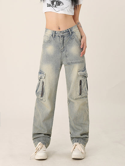 Retro Multi-pocket Workwear Jeans Loose Straight