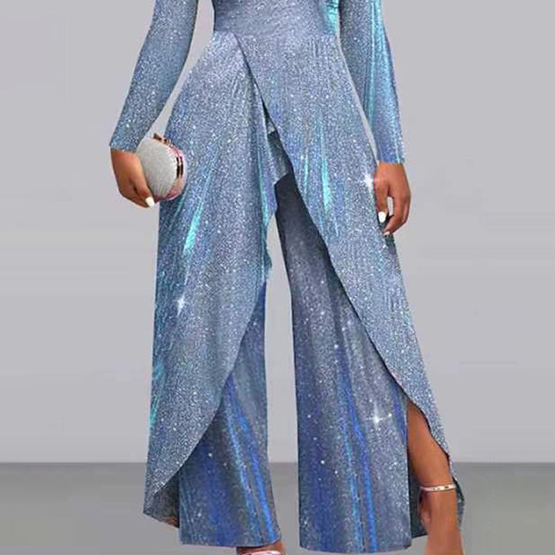 Fashion Sexy Sequined Long Skirt Diagonal Mid-waist Temperament Commute Jumpsuit