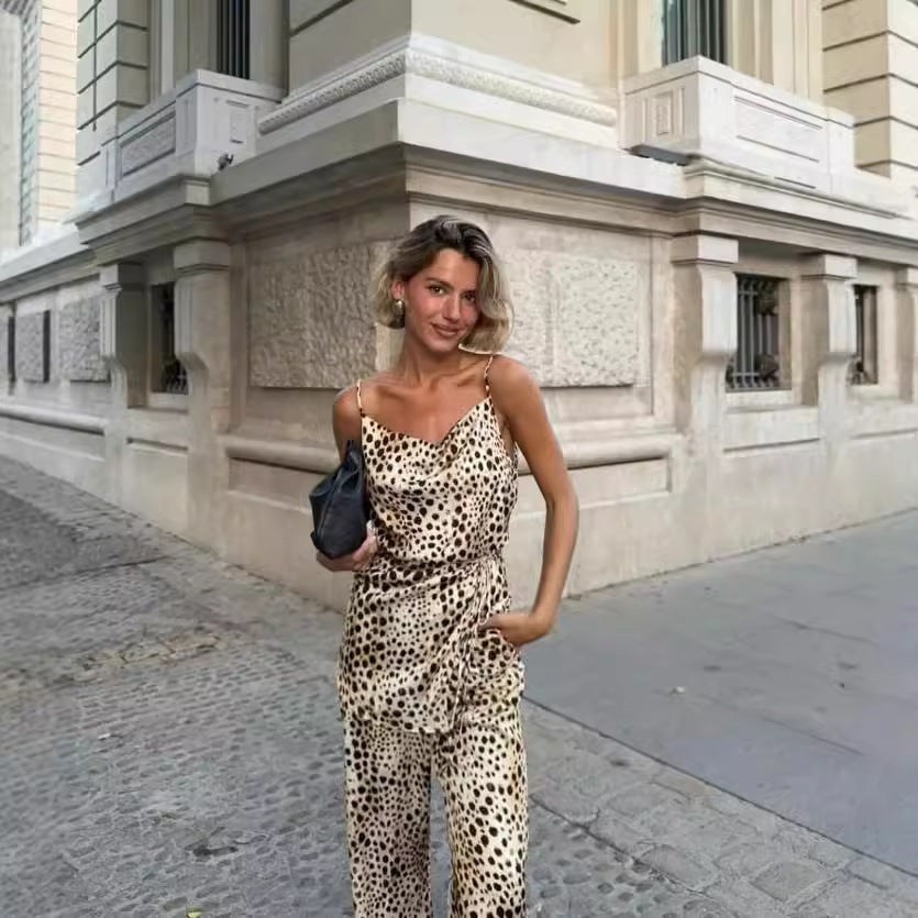 Women's Leopard Print Suspender Trousers Suit