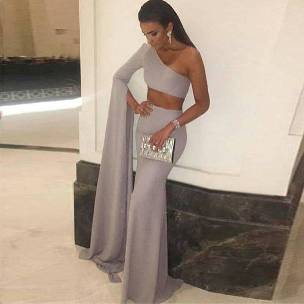 One-shoulder Sleeve Exposed Navel Formal Dress