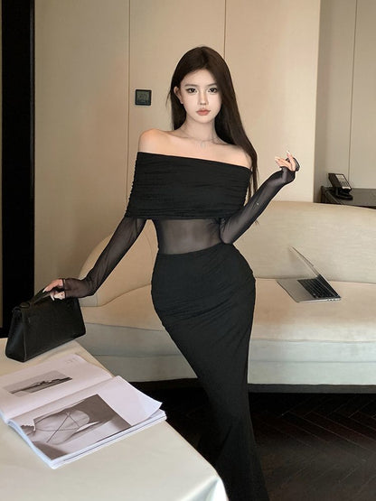 Off-shoulder Long Sleeve Narrow Slim Fit Dress