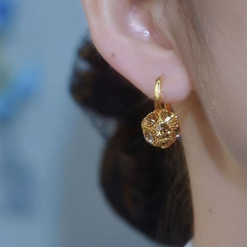 Fashion Brown Rhinestone Ball Earrings Female Niche