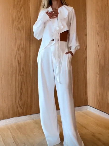 Ruffled Irregular Hem Top & High Waist Pants Suit