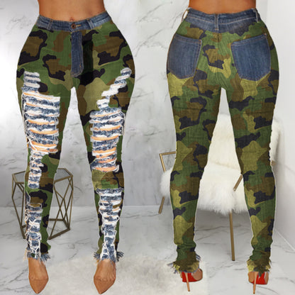 Women's Sexy Personality Ripped High-waisted Leggings And Frayed Camouflage Feet Pants