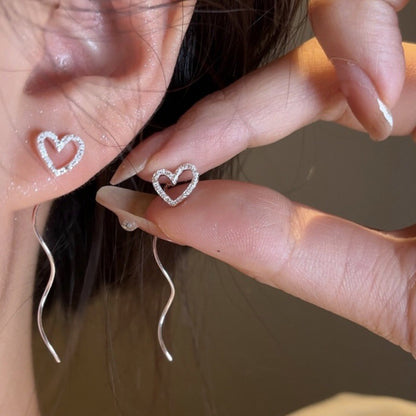 Sterling Silver Hollow Heart Wavy Ear Threads Female Niche Design