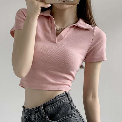 Hot Girl Slim V-neck Short-sleeved T-shirt For Women