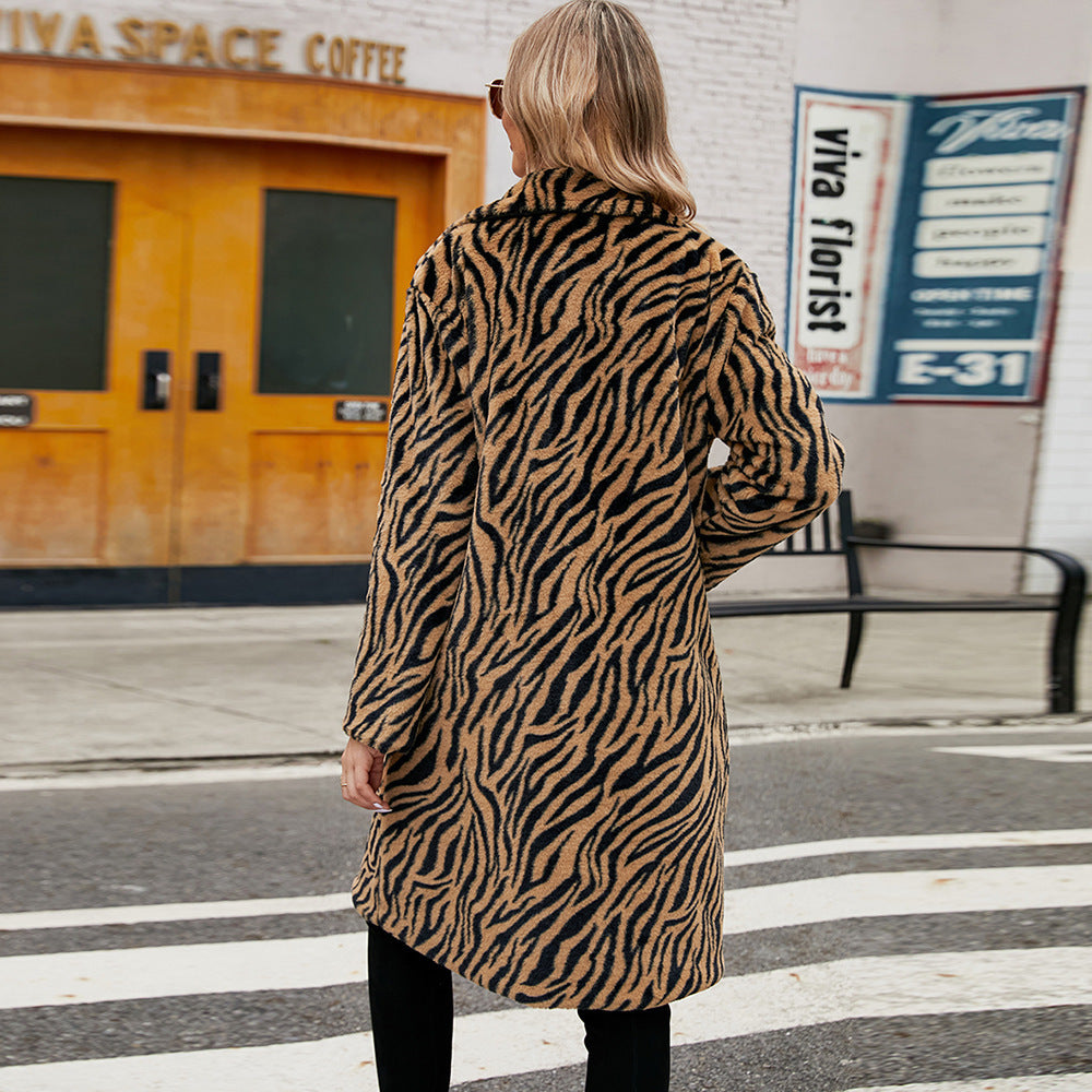 Fashion Leisure Suit Collar Artificial Leather Fur Coat Zebra Pattern Plush Long Coat Autumn And Winter