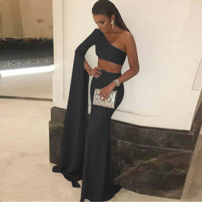 One-shoulder Sleeve Exposed Navel Formal Dress