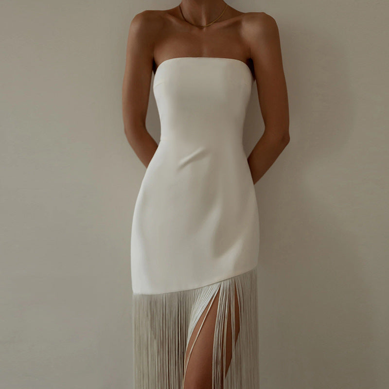 European And American Sexy Tube Top Split Tassel Dress