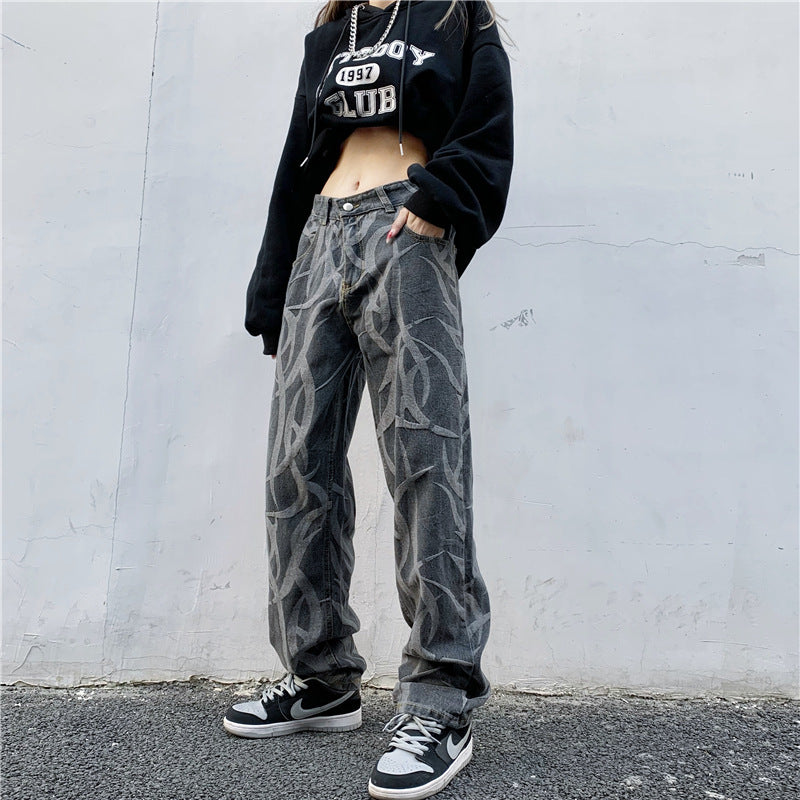 High Waist Straight Hip Hop Trousers Loose And Thin Wide Leg Pants Printed Jeans