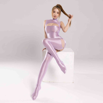 Slim-fit Turtleneck Sleeveless Jumpsuit Shiny Suit With Underpants