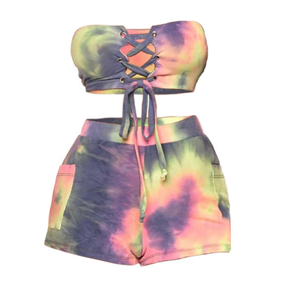 New Tie-dye Printed Lace-up Tube Top Shorts Suit