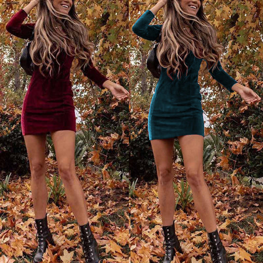 Long Sleeve Square Collar One-Step Dress With Non-Fallen Velvet