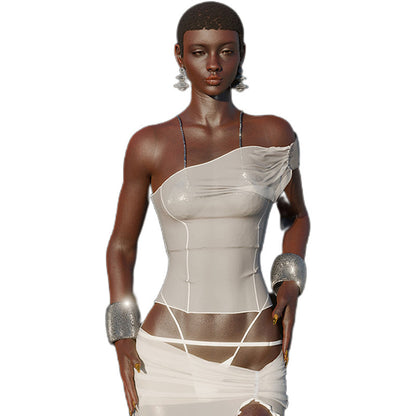 One-shoulder Mesh See-through Suit Skirt