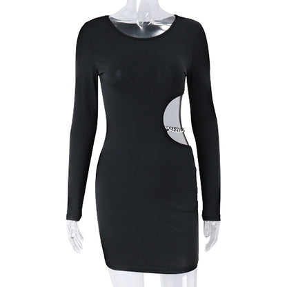 Metal Chain Panel Slim Long-sleeved Dress