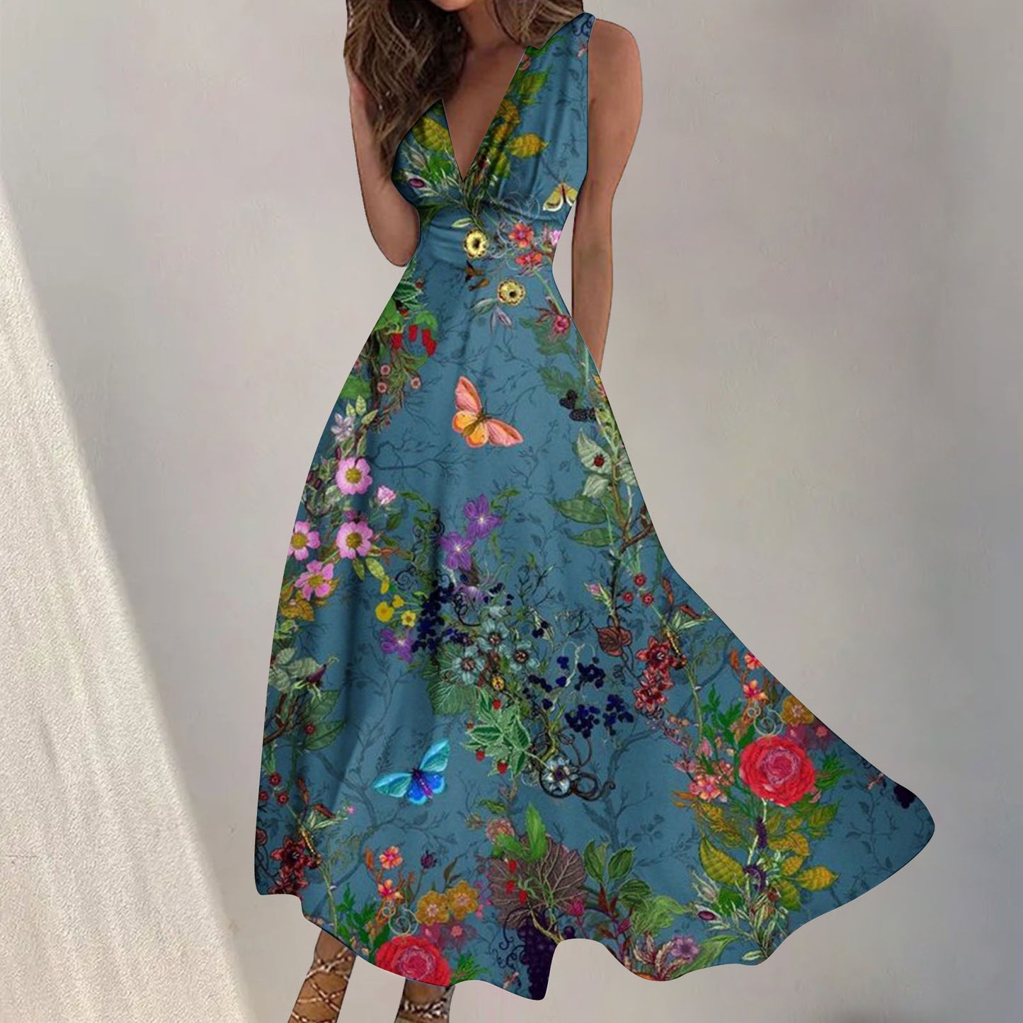 Women's Digital Printing Fashion V-neck Swing Long Dress