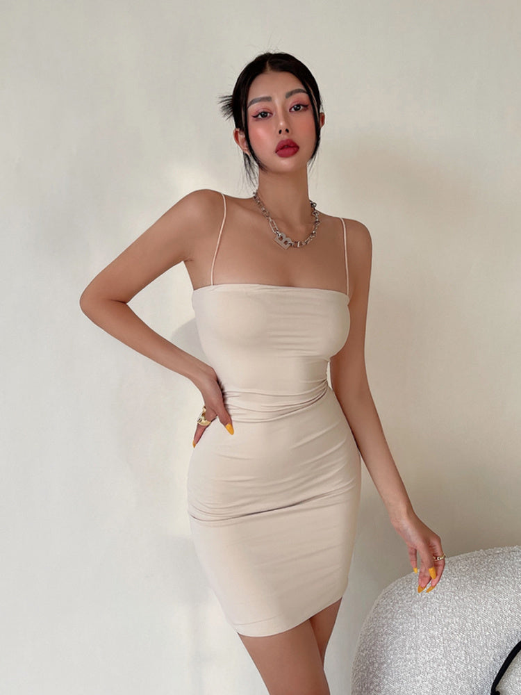 Thin Shoulder Straps Pleated Slim Bag Hip Dress