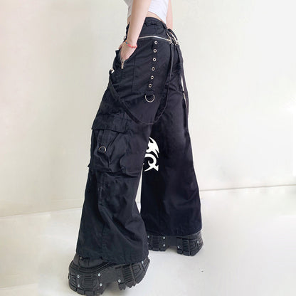 Printed Dark Woven Pants Street Hip-Hop Ribbon Wide-Leg Pants Casual Pocket Trousers