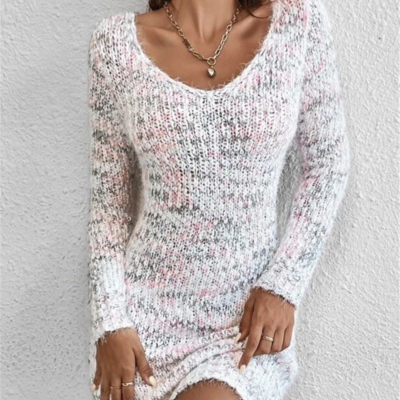 V-neck Slim-fit Two-tone Knitted Long Sleeve Sweater Color-matching Dress