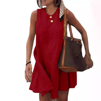 Round Neck Sleeveless Solid Color Cotton And Linen Mini Dress