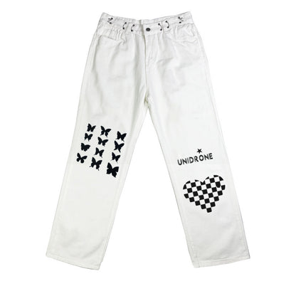 Printed High Waist Straight Pants Heart Checkerboard Jeans