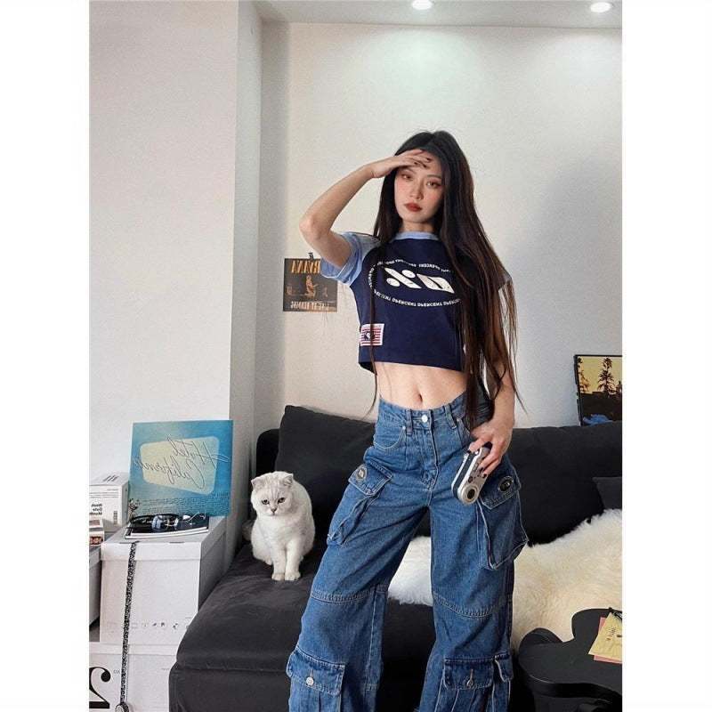 American Retro Multi Pocket Overalls Jeans For Women