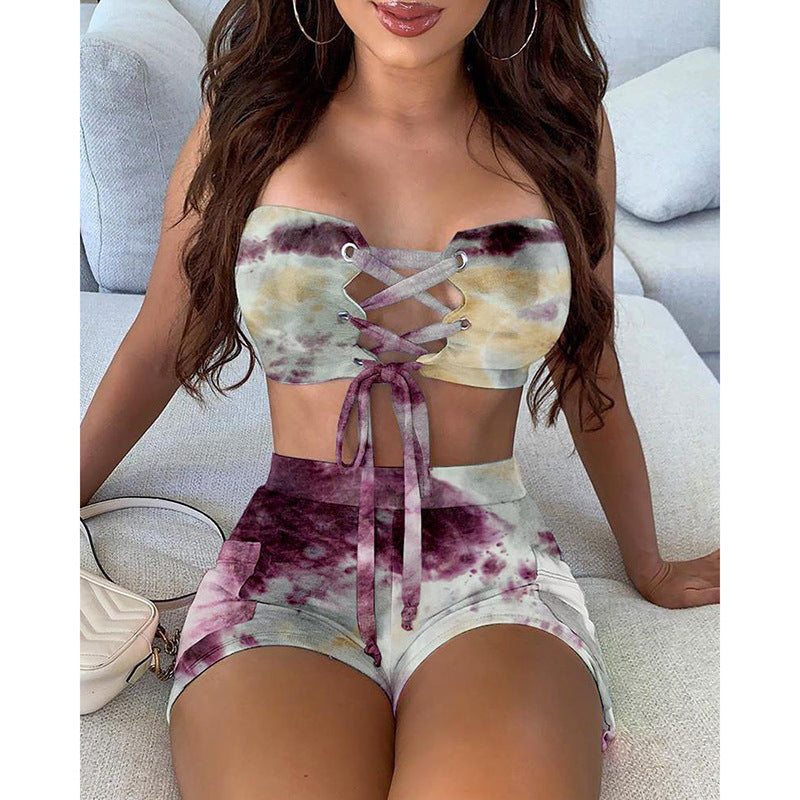 New Tie-dye Printed Lace-up Tube Top Shorts Suit