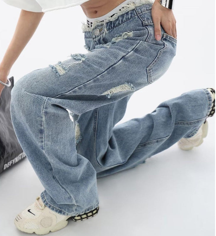 Ripped Jeans Women's High Waist Trendy High-looking Versatile Slimming Straight-leg Wide-leg Pants