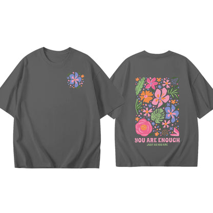 Lady's Flower Printed Colored Cotton OversizeT T-shirt