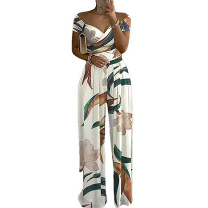 Fashion Off-shoulder Printed Temperament Commute Casual High Waist Jumpsuit Women