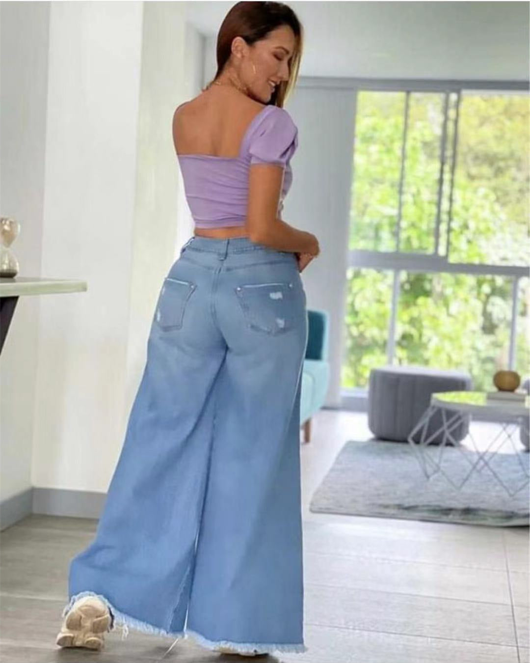 Lady Sexy Fashion Holes Denim Wide-leg Pants