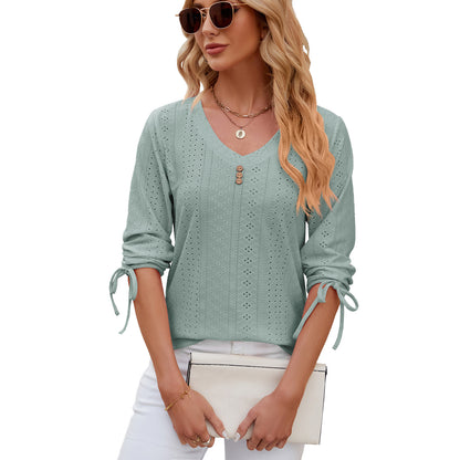 Button V-neck Solid Color Half Sleeves Loose-fitting T-shirt Top