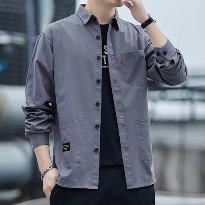 Casual Lapel Long Sleeve Shirt With Pockets Spring And Autumn Jacket Shirt Men's Tops