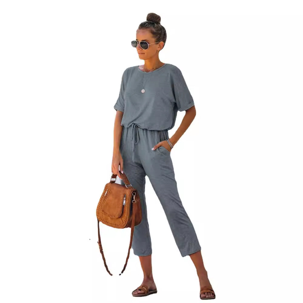 Casual And Comfortable Loose High Waist Short Sleeve Jumpsuit