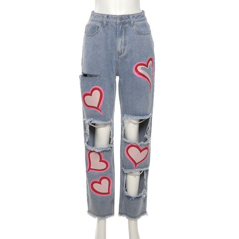 Fashionable Hollow Printed High Waist Straight Casual Jeans