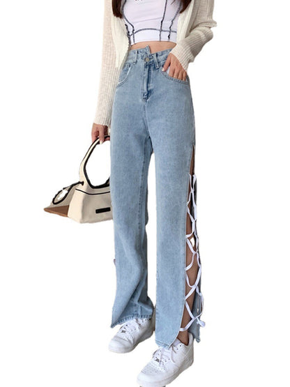 Side Slit Irregular High Waist Strappy Jeans