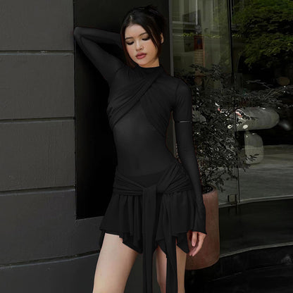 Hot Girl Slim Fit Mesh Stitching Long Sleeves Dress