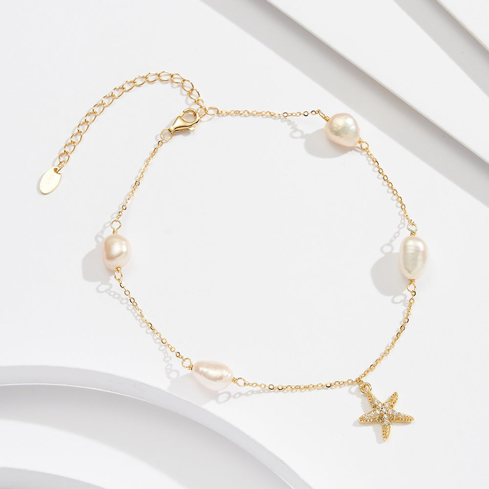 Sterling Silver Beach Style Pearl Five-pointed Star Pendant Anklet