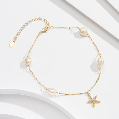 Sterling Silver Beach Style Pearl Five-pointed Star Pendant Anklet