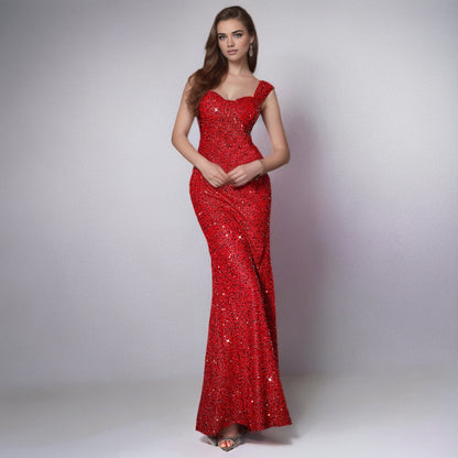 Solid Color And V-neck Sequin Sling High Waist Evening Dress