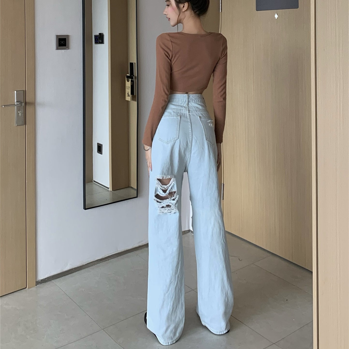 Ripped Straight  High Waist Wide Leg Pants Loose Mopping