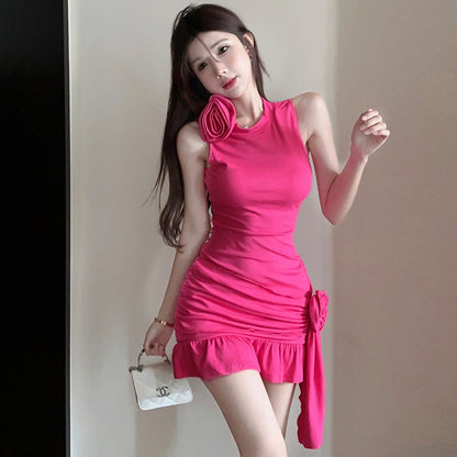 Pleated Ruffled Slim-fit Sleeveless Sheath Dress Women