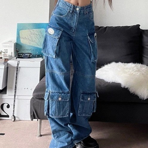 American Retro Multi Pocket Overalls Jeans For Women