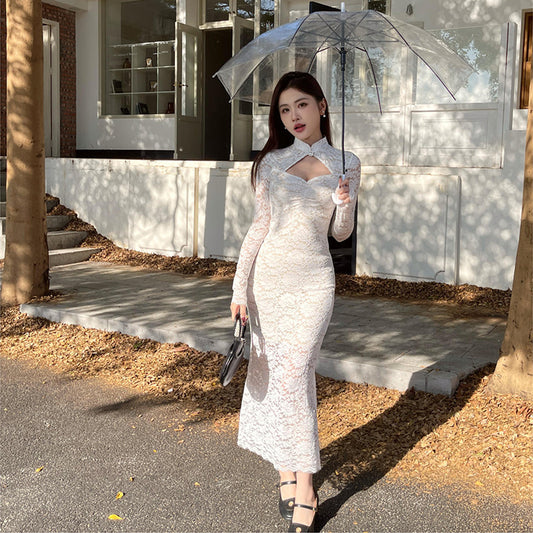 Socialite Style Gentle Lady Lace Long Dress Style Hollow Small Stand Collar